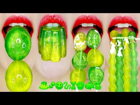 ASMR GREEN & CLEAR JELLY EMOJI FOOD EATING SOUNDS 초록색 & 투명 젤리 이모지 입술 먹방 MUKBANG
