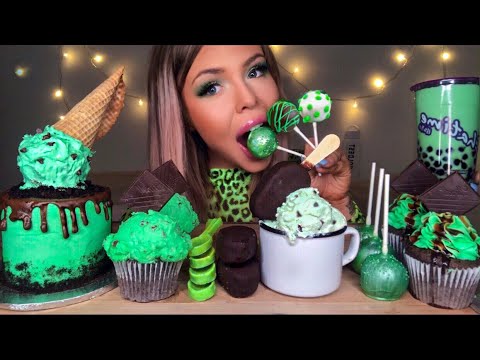 ASMR MINT CHOCOLATE CHIP ICE CREAM, SPOONS, TAPIOCA, ICE CREAM CAKE, BUBBLE TEA, CAKE POP MUKBANG 먹방