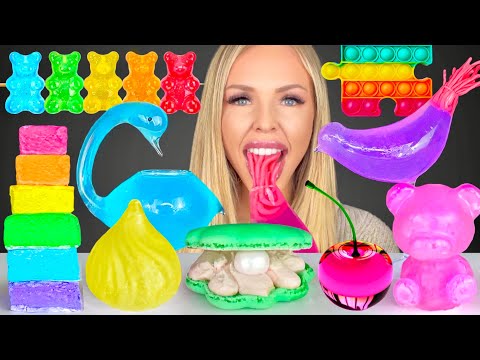 ASMR RAINBOW FOOD WAX BEAR, SOUR STRAWS, CHERRY JELLY, BIRD GLASS MUKBANG 먹방 먹는 소리