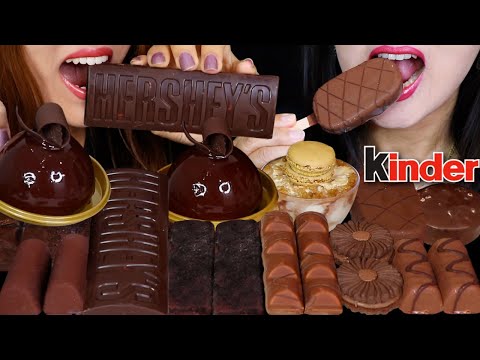 ASMR DARK CHOCOLATE CARAMEL DOME CAKE, HERSHEY'S CHOCOLATE BAR, MINI DOVE ICE CREAM, OREO, KINDER 먹방