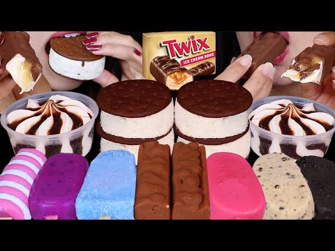 ASMR ICE CREAM PARTY! TWIX CANDY ICE CREAM BAR, CHOCOLATE SWIRL SUNDAE, PURPLE BERRY BAR, BLUE JAWS
