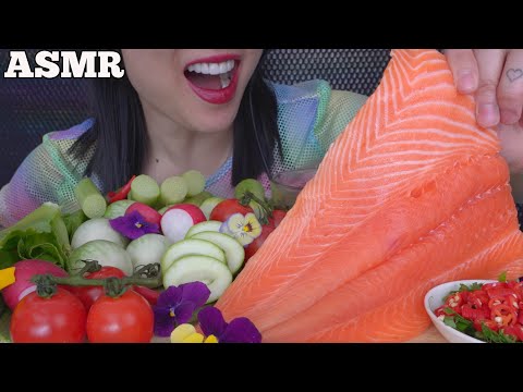 ASMR GIANT SALMON SLAB THAI STYLE DIPPING SAUCE + FRESH VEGGIES (EATING SOUND) NO TALKING | SAS-ASMR