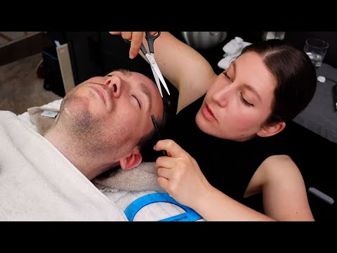 [ASMR] Measuring & Trimming Eyebrows with Scissors | Hair Pulling, Face-Peeling Mask, Massage