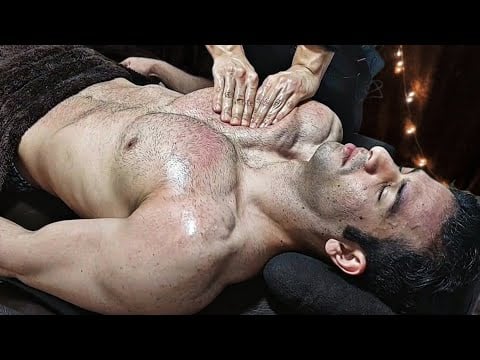 ASMR Massage for Hairy Bodybuilder Man / ABS & Chest Massage / Relaxing Head Massage