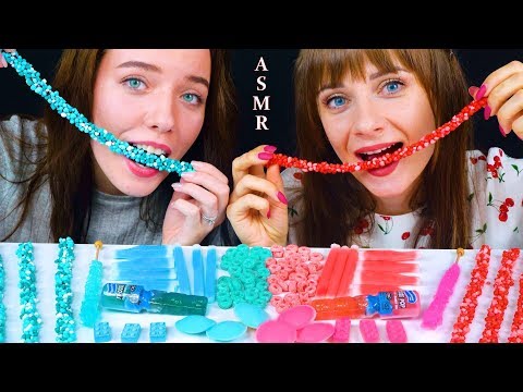 ASMR BLUE FOOD VS PINK FOOD NERDS ROPE JELLY, JELLY NOODLES, NIK L NIP WAX STICK, WAX BOTTLES