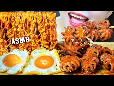 ASMR EATING SPICY OCTOPUS WITH SAMYANG CHESSY FIRE NOODLES EATING SOUNDS | LINH-ASMR