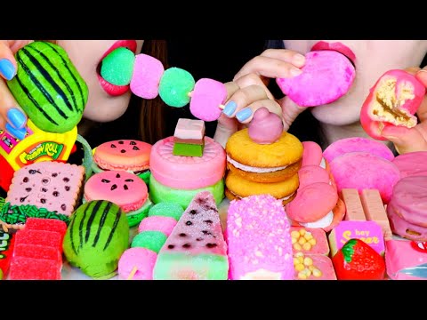 ASMR WATERMELON CAKE, DANGO, MACARON, PINK MOCHI, GUMMY CANDY, STRAWBERRY ICE CREAM BAR, COOKIE 먹방