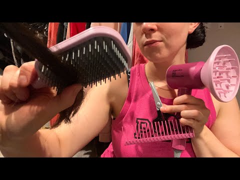 LoFi ASMR Hair Trim and Style After a Pool Day (combing, brushing, hair dryer sounds)