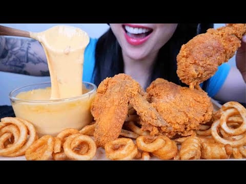 FRIED CHICKEN + CHEESE SAUCE (SLOWER EATING EDITION) ASMR EATING SOUNDS | NO TALKING | SAS-ASMR