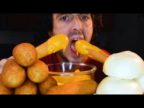 ASMR CHEESE SAUCE CORN DOGS + STEAMED DUMPLINGS