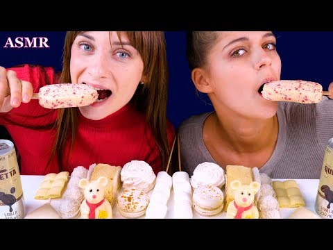 ASMR WHITE CHOCOLATE CANDY BARS RICE CAKE, RAFFAELLO, MACARON, ICE CREAM, MARSHMALLOW