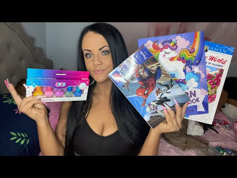 ASMR tapping on kids donations from a subscriber🎨🧩🧸✏️📖🖍