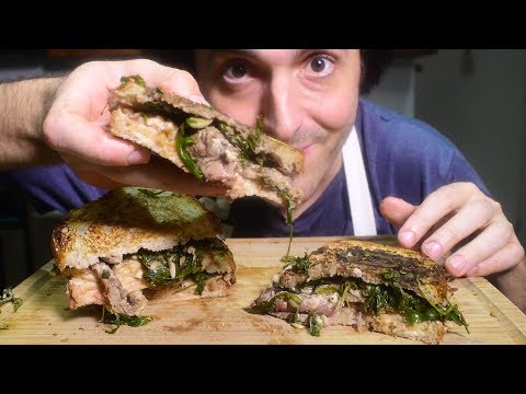 ASMR Cheesy Steak Panini w/ Crispy Fried Onions ( Eating Sounds ) | Nomnomsammieboy