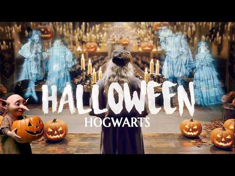 Harry Potter Halloween Ambience 🎃 Hogwarts Great Hall Feast | Stormy Night & “Double Trouble” Choir