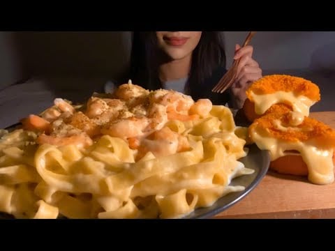Creamiest Fettuccine Shrimp Alfredo & Crunchy Fried Camembert Mukbang ASMR | no talking