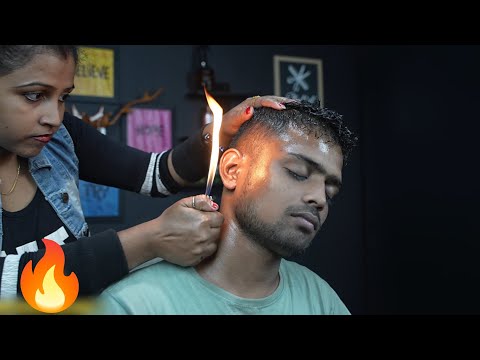 Beautiful ASMR Fire Massage Therapy | Ear Massage With Oil | Heavy Oil Head Massage By Lady Barber