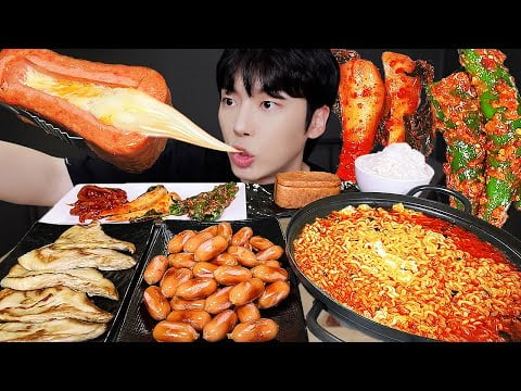 ASMR MUKBANG 직접 만든 대왕 치즈 통 스팸 & 김치, 라면, 버섯 소세지 집밥 먹방 | RECIPE KOREAN FOOD EATING !