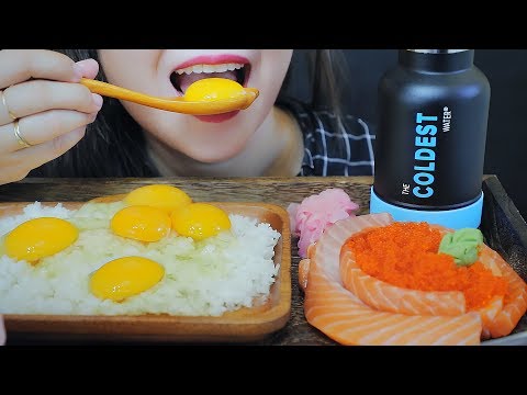 ASMR RAW EGGS RAW SALMON TOBIKO EGGS CRUNCHY CHEWY EATING SOUNDS | LINH-ASMR