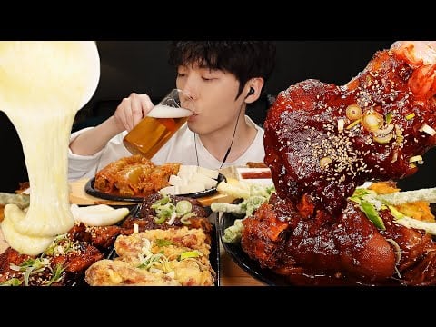 ASMR MUKBANG | 대왕  통 돼지 종아리찜 치즈 김치 등갈비 튀김 먹방 FRIED RIBS AND korean street food EATING
