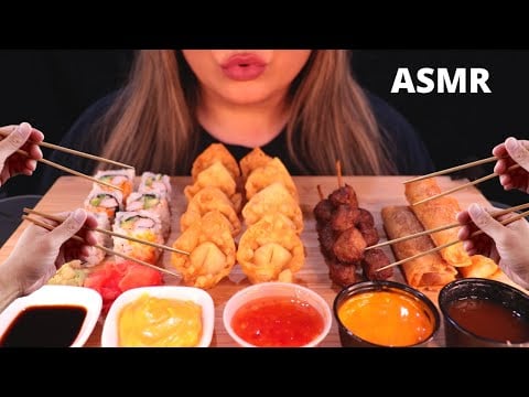 ASMR SUSHI, CHEESE RANGOONS, SPRING ROLLS + BEEF SKEWERS MUKBANG 먹방 |EATING SOUNDS| MANDY FOODS ASMR