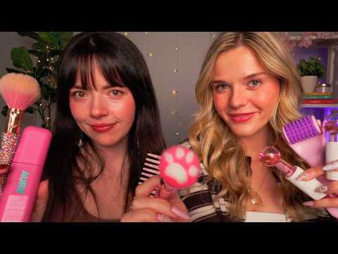 ASMR Besties Pamper You at the Sleepover 🌸🫧🎀 (haircare, skincare, makeup)