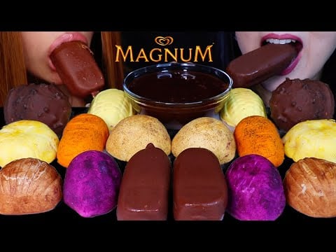 ASMR CHOCOLATE CARAMEL MAGNUM ICE CREAM BARS & MOCHI BREADS *soft sticky eating sounds 먹방