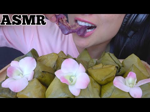 ASMR SWEET COCONUT PURPLE YAM IN BANANA LEAF RICE CAKE (SOFT EATING SOUND) LIGHT WHISPERS | SAS-ASMR