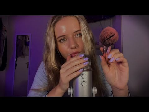 ASMR💜 Inaudible Whispering with mic brushing (slight mouth sounds)