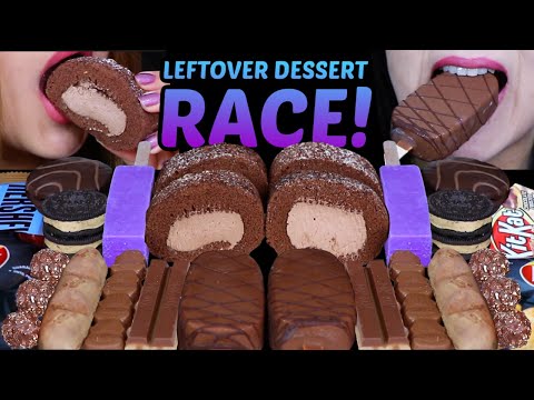 ASMR LEFTOVER DESSERT RACE! NUTELLA, HERSHEY'S, KITKAT, FERRERO, OREO, PURPLE ICE CREAM, CHOCO CAKES