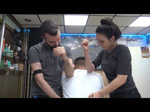 ASMR female chair physiotherapy massage + lady pelin back, neck, shoulder, arm, palm, sleep massage