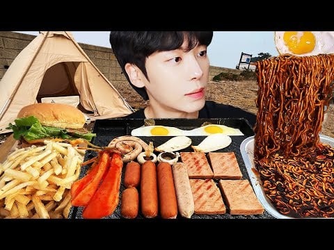 MUKBANG | 직접 만든 짜파구리 & 김치, 햄버거, 스팸, 소세지, 계란 먹방 | black bean noodle Burger Camping KOREAN