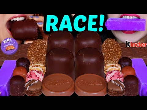 ASMR EXTREME LEFTOVER DESSERT RACE! GIANT CHOCOLATE MARSHMALLOWS, PURPLE ICE CREAM, MILKA, KINDER 먹방