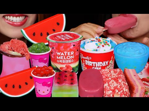 ASMR WATERMELON VS COTTON CANDY DESSERTS! HELLO KITTY POPPING BOBA, BIRTHDAY CAKE ICE CREAM SUNDAE