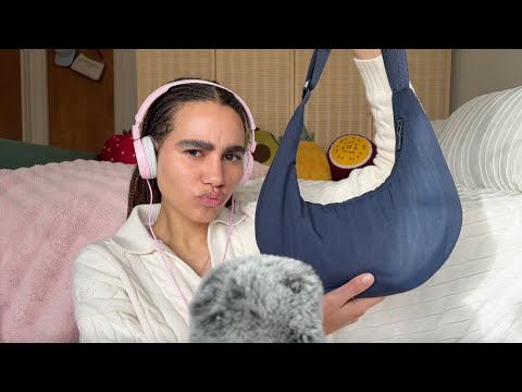 gum chewing whisper ramble + what's in my bag asmr