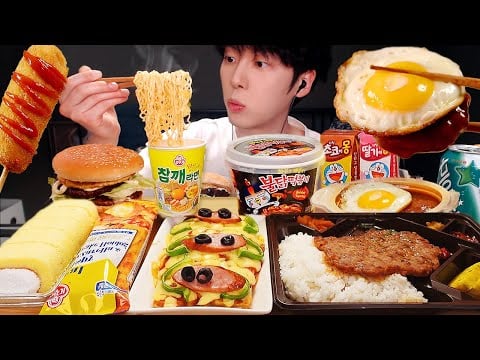 ASMR MUKBANG| 편의점 직접 만든 핵불닭 떡볶이 햄버거 피자 핫도그 디저트 먹방 & 레시피 FRIED CHICKEN AND Tteokbokki EATING