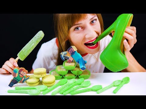 ASMR GREEN FOOD EDIBLE WOMANS SHOE(FAKE), MINCRAFT, SPOONS, MACARON EATING SHOW 먹방