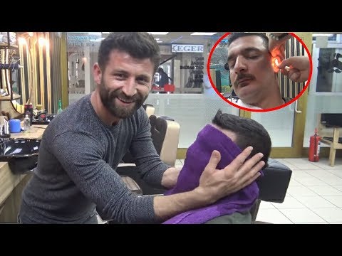 ASMR TURKISH BARBER MASSAGE=EAR BURN=NECK CRACK=RAZOR BEARD SHAVE=head,shampoo,foot,ear,neck massage