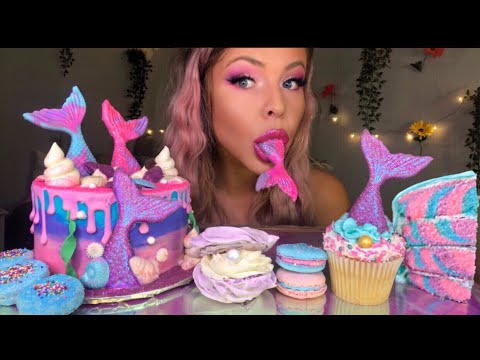 ASMR EDIBLE MERMAID TAILS, MERMAID CAKE, MERINGUE CLAM, MACARONS, OREO MUKBANG 먹방 HUNNIBEE ASMR