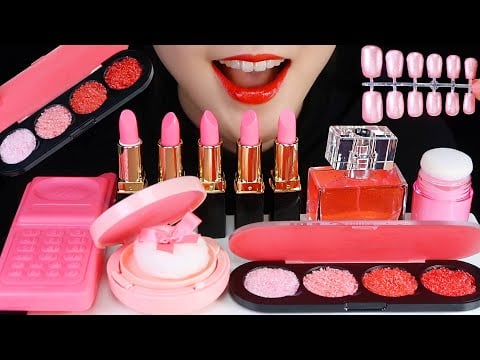 EDIBLE COSMETICS ASMR EDIBLE LIPSTICK ASMR EDIBLE EYE SHADOW ASMR PINK FOOD ASMR 💄