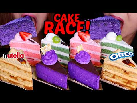 ASMR CAKE RACE! Nutella Mocha, Purple halo halo cheesecake, Strawberry fresh cream, matcha cream 먹방