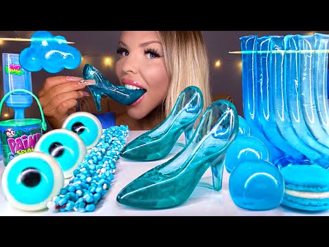 ASMR *BLUE FOOD* EDIBLE CINDERELLA GLASS SLIPPER, CLOUD JELLY, NERD ROPE, JELLY NOODLES MUKBANG 먹방