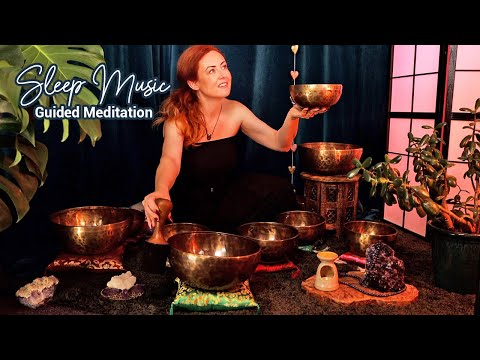 Bowls Meditation for Sleep w/ Rain & Gentle Thunder 💜 ASMR Soft Spoken Qi Sounds, Sleep Music