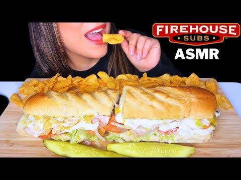 ASMR Eating Firehouse Subs for the FIRST time! | Crunchy Pickles & Chips Mukbang