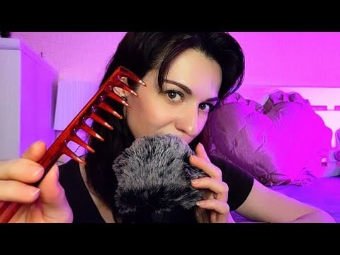 АСМР для сна 💜 Поцелуи, близкий шёпот, звуки по ветрозащите и расчёсывание волос 😌 ASMR Whispers & 💋