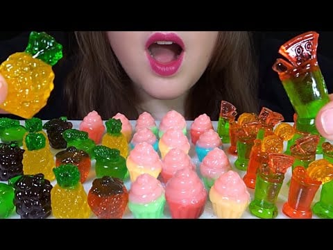 ASMR 3D GUMMY CANDY PLATTER [Fruit, Cupcakes, Cocktails] EXTREMELY SATISFYING CHEWY EATING SOUNDS!