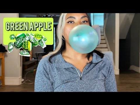 ASMR Chewing Green Apple Super Bubble Gum , Six Pieces , Satisfying Mouth Sounds For Relaxation