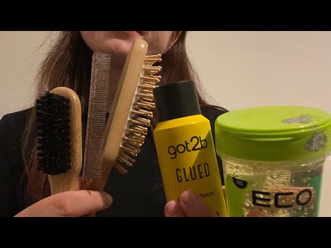 ASMR hair play 🎀💇‍♀️ gel brushing, parting, clipping & spraying sound💆‍♀️ no talking