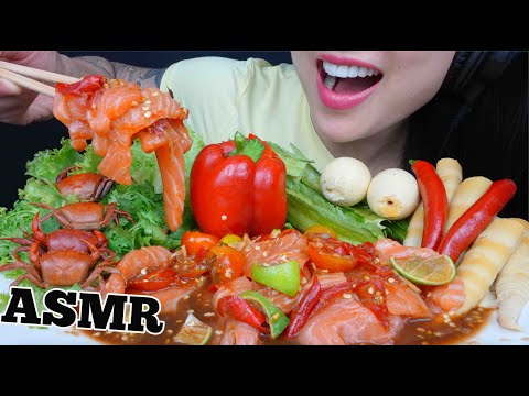 ASMR SALMON SASHIMI + THAI SPICY SALAD SAUCE (CRUNCHY VEGGIE EATING SOUNDS) NO TALKING | SAS-ASMR