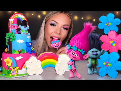 ASMR EDIBLE TROLLS, RAINBOW SANDWICH COOKIE, CAKE POP, EDIBLE FLOWERS, RAINBOW TROLL CAKE MUKBANG