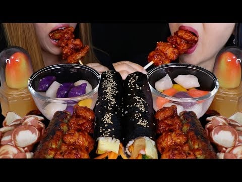 ASMR OUR FAVORITE KOREAN FOODS (SPICY FRIED CHICKEN, RICE CAKES IN STRAWBERRY MILK, MANGO ICE CREAM)
